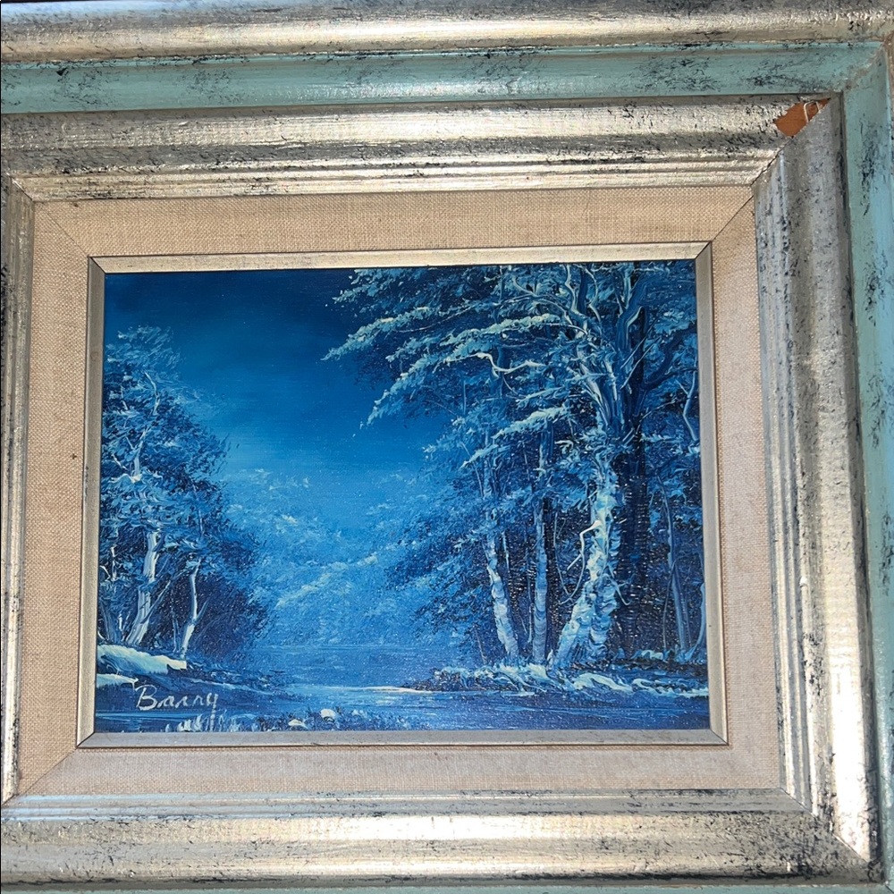 A serene forest landscape oil painting signed by artist Barry.